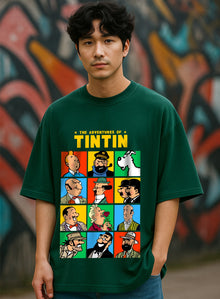 Hazuku Men's Green Adventures of Tintin Character 12 Grid Graphic T-Shirt
