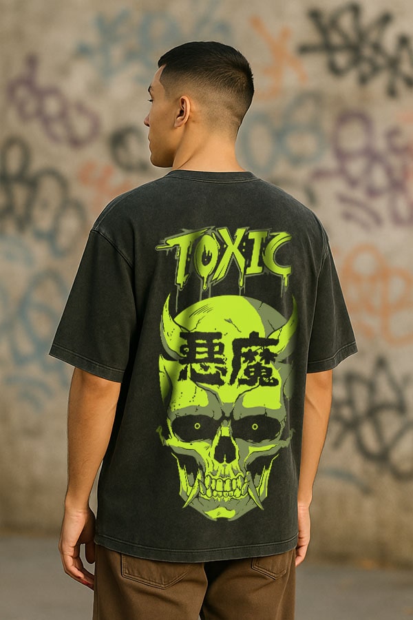 Over Sized Acid Wash T shirt - Neon Skull