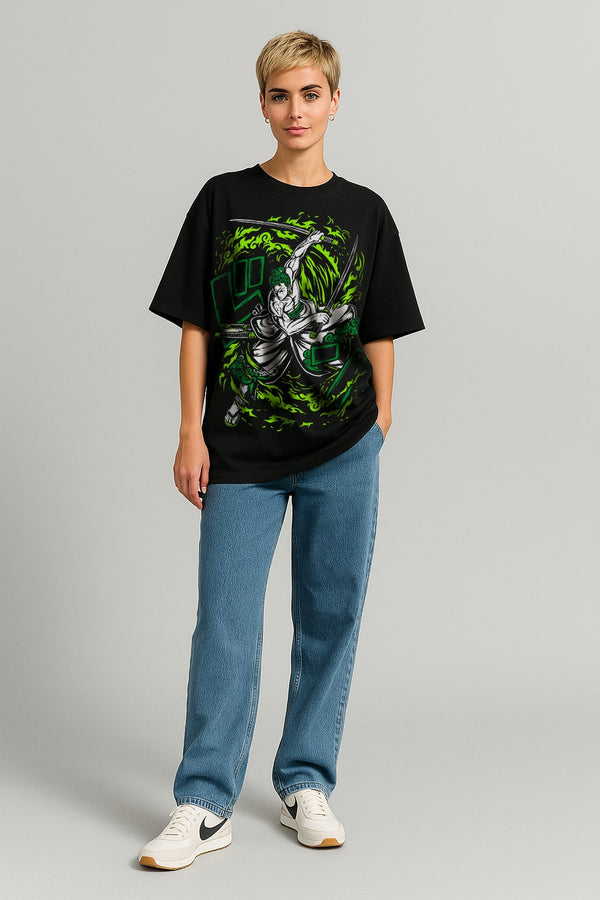 Oversized Anime Printed Black T-shirt