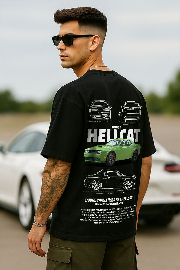 Oversized Automobile Car Black Tshirt- Dodge Hellcat