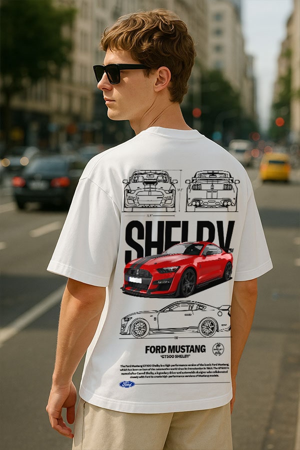 Oversized Automobile Car White Tshirt- Ford Mustang