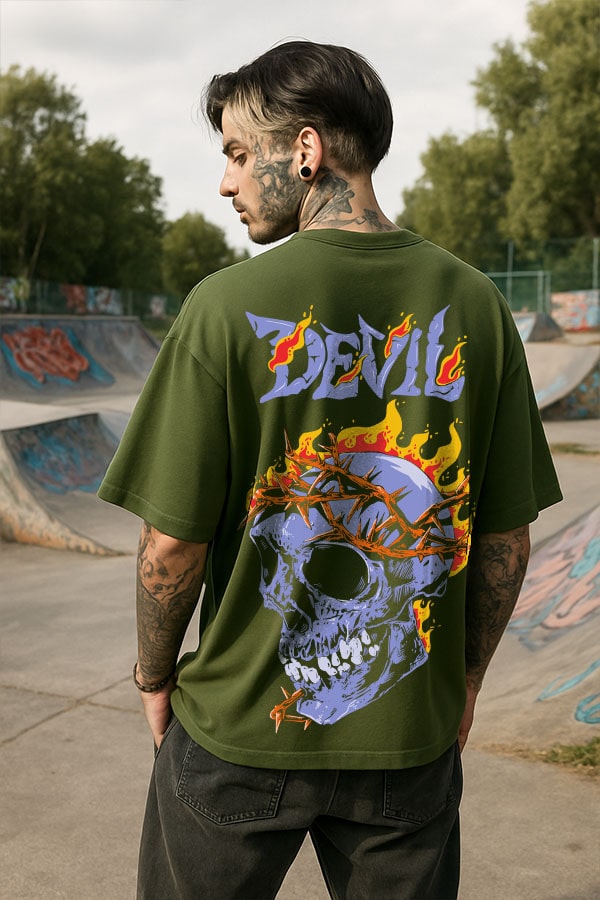 Oversized Devil Olive Green T shirt