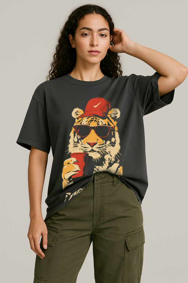 Oversized Party Animal Tiger dark grey T-shirt