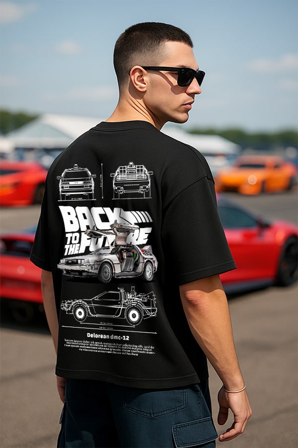 Oversized Automobile Black T shirt - Delorean DMC Car